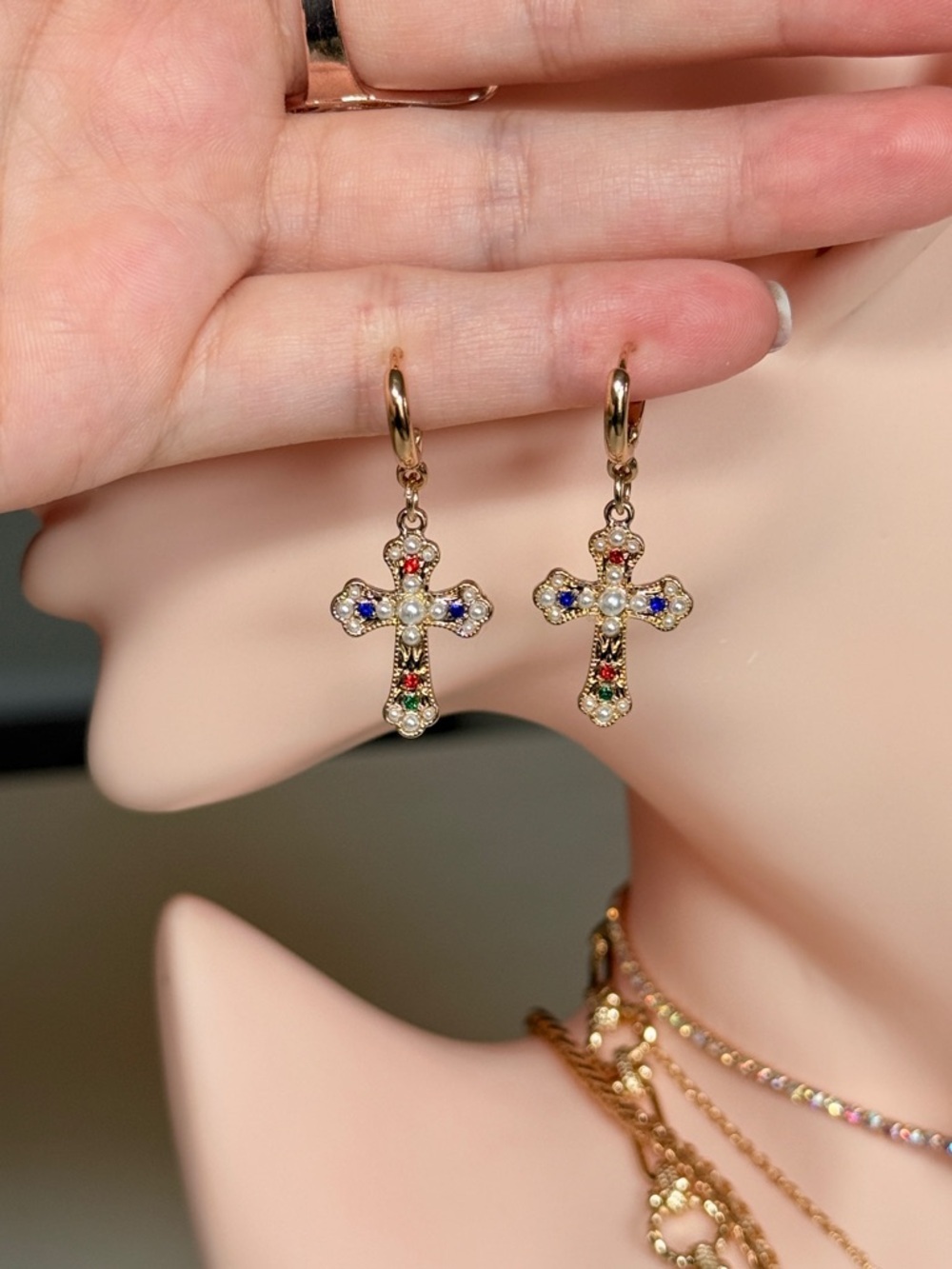 Gold Cross Huggie Earring with Multicolor Gemstones